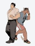  2boys bara belt black_pants blue_shirt bracelet brown_hair couple dark-skinned_male dark_skin facial_hair full_body goatee_stubble hand_in_pocket hand_on_own_ear head_wings hermes_(housamo) highres jewelry looking_at_another looking_back male_focus multicolored_hair multiple_boys muscular muscular_male one_eye_closed pants pectoral_cleavage pectorals pink_shorts protagonist_3_(housamo) shirt shorts sideburns simple_background stubble tokyo_afterschool_summoners two-tone_hair wanijima white_background white_hair white_shirt winged_footwear wings yaoi 