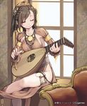  armpits asymmetrical_bangs bangs braid breasts brown_eyes brown_hair couch feathers hair_feathers headdress instrument leg_garter lena_(zoal) lute_(instrument) master_bard medium_breasts mole music no_panties one_eye_closed playing_instrument shingeki_no_bahamut short_hair side_slit sideboob sitting smile solo watermark window 