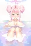  1girl angel_wings bathing blue_archive blush breasts commentary double_bun facing_viewer feathered_wings hair_bun halo highres knees_up large_breasts long_hair looking_down mika_(blue_archive) morishin546 nude parted_lips partially_submerged pink_hair pink_halo sidelocks solo white_wings wings 