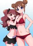  2girls alternate_breast_size ben-day_dots bikini bikini_skirt black_bikini blue_eyes breasts brown_hair double_bun frilled_bikini frills hair_bun highres kanie_(precure) large_breasts long_hair multiple_girls navel ookuma_(precure) precure red_bikini red_eyes ryuuta_(cure_ryuuta) screentones swimsuit two_side_up wonderful_precure! 