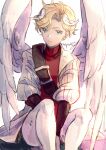  1boy androgynous angel angel_wings arms_between_legs blonde_hair blue_eyes closed_mouth commentary expressionless eyelashes head_wings highres leggings looking_at_viewer male_focus miyama_(lacrima01) puffy_sleeves sanatio_(unicorn_overlord) short_hair signature sitting sketch swept_bangs turtleneck unicorn_overlord white_background white_leggings wings 