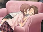  2girls ??????? ???????? aihara_miki character_request couch eyes_closed game_cg hand_holding kiss liar-soft maki_seina multiple_girls okujou_no_yurirei-san school_uniform yuri 