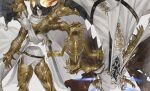  2boys absurdres armor closed_eyes closed_mouth dual_persona final_fantasy final_fantasy_xiv fire gauntlets gold_armor highres horns multiple_boys nald&#039;thal rotational_symmetry tladpwl03 weighing_scale wings 
