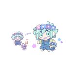  1boy basil_(headspace)_(omori) basil_(omori) blue_overalls blush chibi flower green_shirt head_wreath omori open_mouth overall_shorts overalls shirt short_hair short_sleeves simple_background smile sr_ld_fr white_background 