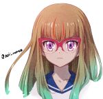  1girl artist_name blue_sailor_collar brown_hair glasses gradient_hair long_hair looking_at_viewer multicolored_hair ochi_marco ohdo_yuamu purple_eyes sailor_collar serious simple_background white_background yu-gi-oh! yu-gi-oh!_go_rush!! 