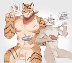absurd_res anthro balls biceps canid canine canis casual_nudity duo epic_games felid foreskin fortnite fur genitals hi_res humanoid_genitalia humanoid_penis male mammal manly muscular muscular_anthro muscular_male navel nipples nude orange_body oscar_(fortnite) pantherine pecs penis simple_background solo stripes tiger vinstacc wendell_(fortnite) wolf