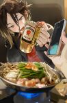  1boy alcohol blonde_hair blurry blush brown_hair cooking_pot cup depth_of_field folded_ponytail food gradient_hair haikyuu!! hair_between_eyes highres holding holding_cup holding_phone hotpot jim_beam_(whiskey) keki_chogyegi kozume_kenma multicolored_hair off_shoulder open_mouth phone portable_stove slit_pupils tsurime vegetable 