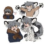  1boy :3 animal_ear_fluff animal_feet animal_hands blue_eyes blue_jacket body_fur brown_gloves carcass clenched_teeth closed_mouth dead_animal deviidog0 english_commentary english_text fangs full_body fur-trimmed_hood fur-trimmed_jacket fur_trim gloves grey_fur grey_hair hands_up highres hood hood_down hood_up jacket kneeling long_sleeves looking_at_viewer male_focus monster_boy mouth_hold multiple_views original outstretched_arms own_hands_together short_eyebrows short_hair simple_background snow_leopard_boy snow_leopard_ears snow_leopard_tail spread_arms sunglasses teeth thumbs_up white_background yellow_pupils 