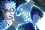  2boys black_hair cma_cmakuma gintama hair_between_eyes hair_over_one_eye japanese_clothes kimono looking_at_another male_focus multiple_boys open_mouth outstretched_hand parted_lips print_kimono sakata_gintoki takasugi_shinsuke upper_body white_hair wide-eyed wide_sleeves 