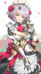  1girl armor armored_dress blurry breastplate breasts cleavage depth_of_field dress floral_background flower genshin_impact green_eyes hair_flower hair_ornament hand_on_own_chest highres medium_breasts noelle_(genshin_impact) open_mouth petals red_flower red_ribbon red_scarf ribbon rose_petals scarf short_hair solo white_background white_dress white_hair ymmt 