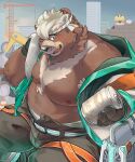 2024 absurd_res anthro armor bear belly big_belly blush brown_body can construction_site construction_worker container goro_(live_a_hero) group hard_hat headgear hechaxianzhi helmet hi_res kemono lifewonders live_a_hero male mammal moobs nipples overweight overweight_male