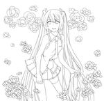  catgirl0926 flower greyscale hatsune_miku highres lineart long_hair monochrome skirt smile solo thighhighs very_long_hair vocaloid 