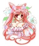  back_bow bare_shoulders bishoujo_senshi_sailor_moon bow breasts chibi_usa double_bun dress flower lily_(flower) long_hair medium_breasts older pink_hair princess red_eyes shirataki_kaiseki small_lady_serenity smile solo twintails 