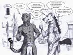 0laffson 5_fingers anthro biped bottomwear claws clothed clothing dialogue duo english_text facial_scar fangs felid fingers fur gladiator_cat_(0laffson) hi_res holding_object holding_weapon hyena leopard loincloth loincloth_only male mammal monochrome open_mouth open_smile pantherine scar smile speech_bubble tail teeth text topless weapon