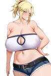  1girl arind_yudha bandeau bare_shoulders belt blonde_hair blue_shorts blush braid breasts cleavage cutoffs denim denim_shorts fate/apocrypha fate/grand_order fate_(series) french_braid green_eyes highres huge_breasts long_hair looking_at_viewer mordred_(fate) mordred_(fate/apocrypha) mordred_(memories_at_trifas)_(fate) navel parted_bangs ponytail short_shorts shorts sidelocks solo thighs 