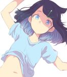  1girl black_hair blue_eyes blue_hair blue_shirt colored_inner_hair commentary_request hair_ornament hairclip kohaku_q liko_(pokemon) looking_at_viewer lying multicolored_hair navel on_back pokemon pokemon_(anime) pokemon_horizons shirt short_sleeves simple_background solo stomach t-shirt two-tone_hair white_background 