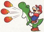  90s blue_eyes brown_hair eyes facial_hair fire fireball lowres male male_focus mario mario_(series) mustache nintendo official_art overalls riding spit spitting super_mario_bros. super_mario_world white_background yoshi 