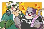 anthro bandanna blush bygul canid canine canis clothing domestic_cat domestic_dog duo electronics eyebrows felid feline felis fur green_body green_fur headphones headphones_around_neck hi_res japanese_text kerchief lifewonders live_a_hero male mammal mokdai overweight purple_body purple_fur shirt shizu_ponnu t-shirt text thick_eyebrows topwear towel