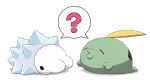  ? black_eyes closed_eyes commentary_request gulpin highres mafuyu_tora no_humans o3o pokemon pokemon_(creature) shared_speech_bubble snom solid_circle_eyes speech_bubble spoken_question_mark white_background 
