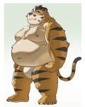 2024 anthro asian_clothing belly big_belly black_nose clothing cute_fangs east_asian_clothing felid fundoshi hi_res hon55728 japanese_clothing kemono male mammal moobs navel nipples overweight overweight_male pantherine simple_background solo tiger underwear white_clothing white_fundoshi white_underwear