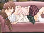  aihara_miki blush couch game_cg hug kiss lying_on_person maki_seina multiple_girls okujou_no_yurirei-san peg pleated_skirt school_uniform skirt thighhighs twintails white_legwear yuri zettai_ryouiki 