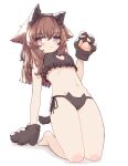  1girl absurdres animal_ears animal_hands aoi_tori averting_eyes bare_legs barefoot blush blush_stickers bra breasts brown_bra brown_eyes brown_hair brown_panties cat_cutout cat_ear_panties cat_lingerie cleavage_cutout closed_mouth clothing_cutout commentary fake_animal_ears gloves hand_on_ground hand_up highres kneeling leaning_back long_hair meme_attire navel original panties paw_gloves side-tie_panties sidelocks simple_background solo stomach tail underwear underwear_only white_background 