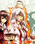  anger_vein bow brown_hair chopsticks cigarette cooking fire food fujiwara_no_mokou hair_bow houraisan_kaguya long_hair multiple_girls mundane_utility noodles ramen red_eyes ryuuichi_(f_dragon) silver_hair suspenders sweatdrop touhou 