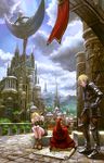  1girl armor back banner blonde_hair bow_(weapon) castle cloud day fantasy hat map mountain noba pixiv_fantasia pixiv_fantasia_sword_regalia scenery sitting sky statue sword tree weapon witch_hat 