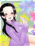  1girl black_hair blue_eyes border character_name commentary_request dated dress flower green_background hair_slicked_back happy_birthday long_hair long_sleeves looking_at_viewer looking_up nico_robin one_piece purple_dress sidelocks signature smile solo ssymggt striped_clothes striped_dress turtleneck turtleneck_dress vertical-striped_clothes vertical-striped_dress white_border 