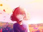  1girl ^_^ ahoge blurry blurry_background closed_eyes commentary_request facing_viewer highres lou_(shadows_house) neck_ribbon outdoors peru_(do_pperu_genga) petals red_hair red_ribbon ribbon shadows_house short_hair sidelighting smile solo upper_body wind 