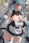  1girl :d aqua_hair blush breasts brown_eyes cleavage elbow_gloves frills garter_straps gloves goddess_of_victory:_nikke hair_ornament highres large_breasts long_hair looking_at_viewer maid paid_reward_available privaty_(nikke) privaty_(unkind_maid)_(nikke) smile solo takeura teeth thighhighs tongue twintails variant_set very_long_hair white_gloves white_thighhighs 