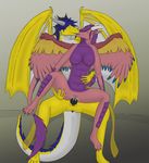  anus blue breasts butt cum cum_in_pussy cum_inside dragon duo female forfy_(character) freyskol_(character) horn kissing knot male n0ir nude on_top penetration penis pink plain_background purple pussy reverse_cowgirl_position ribbons sex straight vaginal vaginal_penetration white wings yellow 