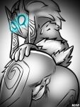 absurd_res anthro anus big_butt blue_eyes bodily_fluids bovid butt caprine female floppy_ears fur genital_fluids genitals glowing glowing_eyes grey_background grey_body grey_fur hand_on_butt hi_res kindred_(lol) lamb_(lol) league_of_legends looking_at_viewer looking_back looking_back_at_viewer lop_ears mammal mask ner0420 nude pussy rear_view riot_games sheep simple_background solo thick_thighs vaginal_fluids wide_hips