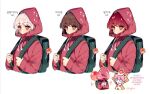  1boy 1girl alternate_hair_color backpack bag blue_eyes brown_eyes brown_hair cookie_run drawstring holding_strap hood hood_up hoodie humanization korean_text long_sleeves multiple_views open_mouth pink_hair pink_hoodie sapphire_(nine) short_hair simple_background strawberry_cookie strawberry_crepe_cookie translation_request upper_body white_background white_hair 