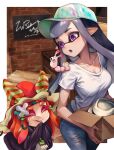  2girls ^_^ baseball_cap border box breasts closed_eyes collarbone colored_eyelashes commentary_request denim flow_(splatoon) hat highres holding holding_box inkling inkling_girl inkling_player_character jajanome jeans long_hair multiple_girls open_mouth outside_border pants purple_eyes purple_hair shirt smile splatoon_(series) tentacle_hair torn_clothes torn_jeans torn_pants white_border white_shirt 