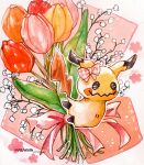  animal_ears animal_focus bow flower franyan_oxo highres jumping mimikyu no_humans orange_flower pink_bow pink_flower pokemon pokemon_(creature) red_flower signature simple_background tail white_background white_flower yellow_flower 