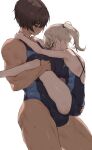  2girls blonde_hair blue_eyes breasts brown_hair bulge carrying carrying_person competition_school_swimsuit covered_penis dark-skinned_female dark_skin dated_commentary dry_humping erection erection_under_clothes futa_with_female futanari gym_uniform height_difference highres humping implied_futanari kei_(m_k) large_breasts long_hair m_k multiple_girls original ponytail red_eyes rika_(m_k) school_swimsuit short_hair simple_background size_difference standing sweat swimsuit tall tall_female tan tomboy 