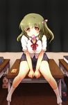  candy food green_hair lollipop long_hair one_side_up original red_eyes ruri_rarako school_uniform sitting skirt solo table 