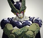  1boy black_skin blurry blurry_background bure_(fantasticyouth7) cell_(dragon_ball) colored_skin crossed_arms dragon_ball dragon_ball_z green_skin highres muscular muscular_male red_eyes simple_background smile upper_body 