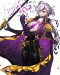  1boy ascot belt cape darkness edmond_dantes_(fate) fate/grand_order fate_(series) gloves grey_hair hazuki-a highres holding holding_sword holding_weapon long_hair male_focus purple_cape red_eyes saber_(weapon) sword the_count_of_monte_cristo_(fate) weapon white_background white_gloves 