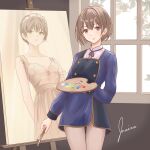  1girl absurdres apron blue_apron bob_cut brown_hair easel highres holding holding_brush holding_palette original painting_(object) palette_(object) purple_eyes shirt signature solo standing tisato_yuki white_shirt window 