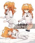  1girl bed_sheet blush braid chessboard crossed_arms disembodied_limb dress hair_intakes hairband head_on_pillow holding_chess_piece layered_sleeves long_hair long_sleeves looking_at_viewer lying multiple_views on_side orange_hair paid_reward_available pkpkpppk playing_chess reverse:1999 short_over_long_sleeves short_sleeves single_braid sonetto_(reverse:1999) tongue tongue_out white_background white_dress white_hairband yellow_eyes 