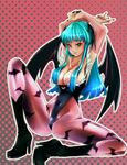  absurdres animal_print aqua_hair armpits arms_up bare_shoulders bat_print bat_wings boots breasts cleavage co_(eselisapyon) demon_girl elbow_gloves gloves green_eyes head_wings high_heels highleg highleg_leotard highres large_breasts legs leotard long_hair long_legs morrigan_aensland nail_polish pantyhose print_legwear shoes solo spread_legs succubus thighs vampire_(game) wings 