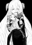  1girl absurdres akari_(blue_archive) bags_under_eyes black_background blue_archive braid breasts coat cowboy_shot demon_horns finger_in_own_mouth garter_straps gloves greyscale hair_between_eyes hand_up highres horns long_hair long_sleeves looking_at_viewer mismatched_pupils monochrome mouth_pull neck_ribbon ribbon simple_background solo teeth umiwashi very_long_hair 