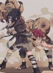  2boys bandaged_arm bandaged_hand bandaged_leg bandages battle black_footwear black_hair black_jacket black_shorts blue_eyes clenched_hand facial_mark fighting_stance fishnet_armwear forehead_tattoo full_body gaara_(naruto) gourd grey_background headband highres holding holding_knife holding_shuriken holding_weapon itachi3413 jacket knife kunai male_focus multiple_boys naruto_(series) parted_bangs red_eyes red_hair saliva sand sharp_teeth short_hair shorts shuriken teeth toeless_footwear uchiha_sasuke weapon wide-eyed 