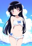  1girl arms_behind_back bikini black_hair blue_bow blue_sky blush bow cloud cloudy_sky cowboy_shot cumulonimbus_cloud frilled_bikini frills gokou_ruri head_tilt hime_cut looking_at_viewer mizusaki_johnko mole mole_under_eye navel ocean ore_no_imouto_ga_konna_ni_kawaii_wake_ga_nai red_eyes sky smile solo swimsuit white_bikini 