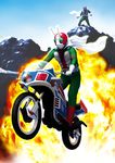  ab_(atstudio) antennae explosion ground_vehicle highres hurricane_(kamen_rider) jumping kamen_rider kamen_rider_v3 kamen_rider_v3_(series) motor_vehicle motorcycle multiple_boys scarf 