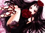  ar_tonelico ar_tonelico_ii bare_shoulders black_hair bouquet dress flower hair_flower hair_ornament inumori_sayaka jakuri leg_ribbon long_hair red_eyes ribbon rose solo 