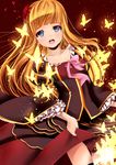  beatrice blonde_hair blue_eyes bow breasts bug butterfly cleavage flower frills hair_flower hair_ornament insect kenneos long_hair open_mouth petals pink_bow rose skirt skirt_lift small_breasts solo umineko_no_naku_koro_ni 