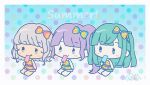  3girls :3 barefoot bikini blue_bikini blue_eyes blunt_bangs border brown_hair chibi closed_mouth commentary_request eating food full_body green_hair holding holding_food holding_popsicle long_hair looking_at_viewer manaka_non multiple_girls outside_border pink_bikini polka_dot polka_dot_background popsicle pretty_series pripara purple_eyes purple_hair rin_(ikura_meshi) short_hair side_ponytail sidelocks sitting smile solid_oval_eyes swimsuit taiyo_pepper tsukikawa_chili two_side_up white_border 